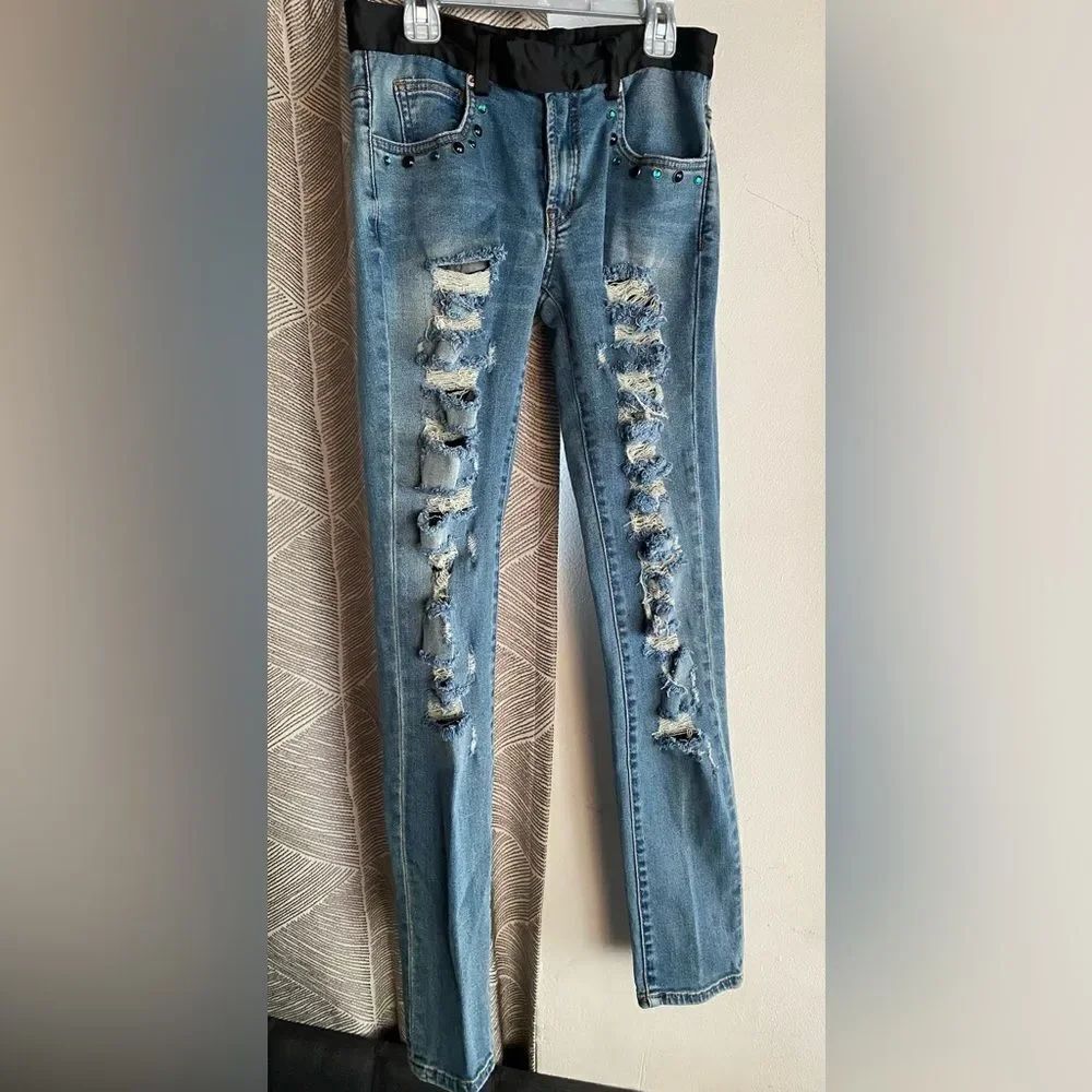 UNDERCOVER Ripped Takahashi Shield Jeans Skinny Rhinestone Rare Sz 0